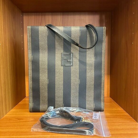 FENDI Logo Pequin Hand Bag PVC Leather Stripe Brown Black - Picture 1 of 14